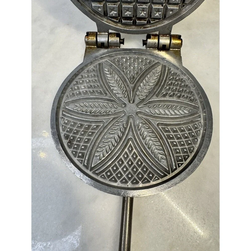 Vintage Cast Aluminum Cookie Press Mold Waffle with Iron and Wood Handle